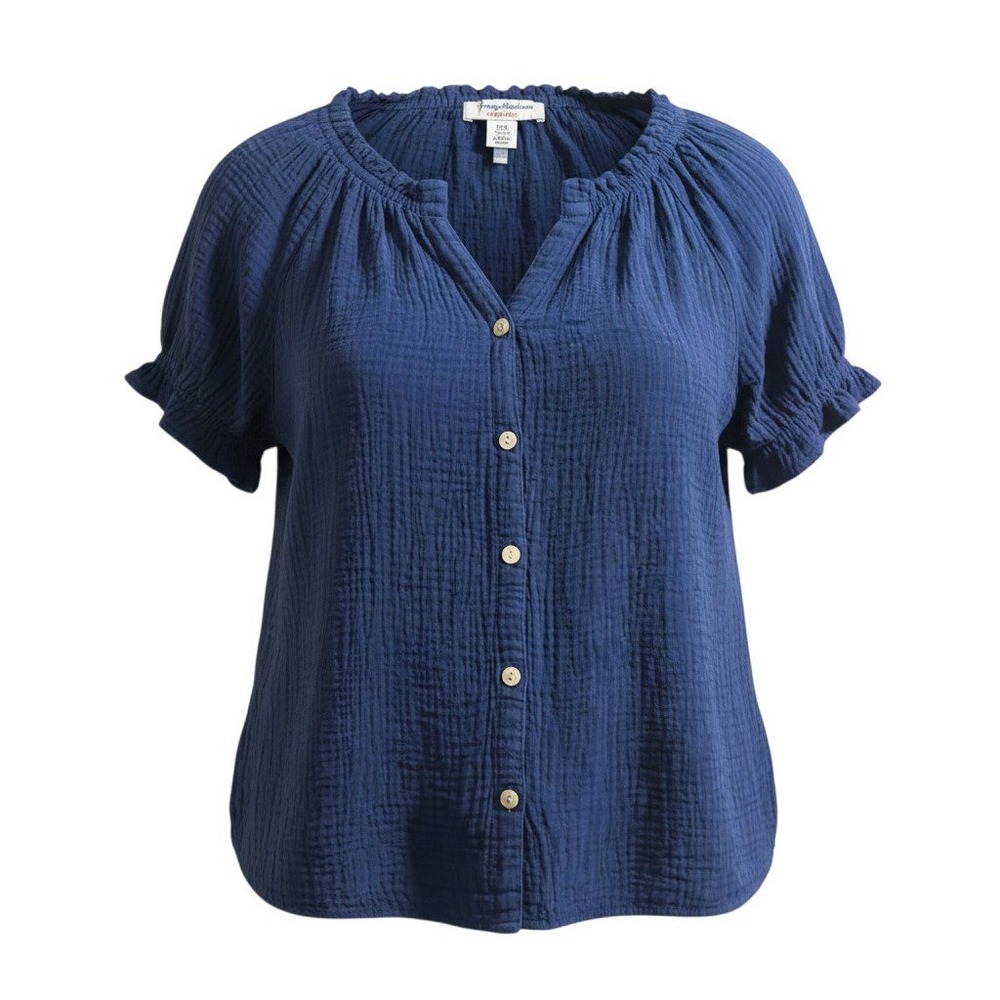 Tommy Bahama Island Gauze Top S Blue Cotton Ruffle Sleeve Button Front Blouse